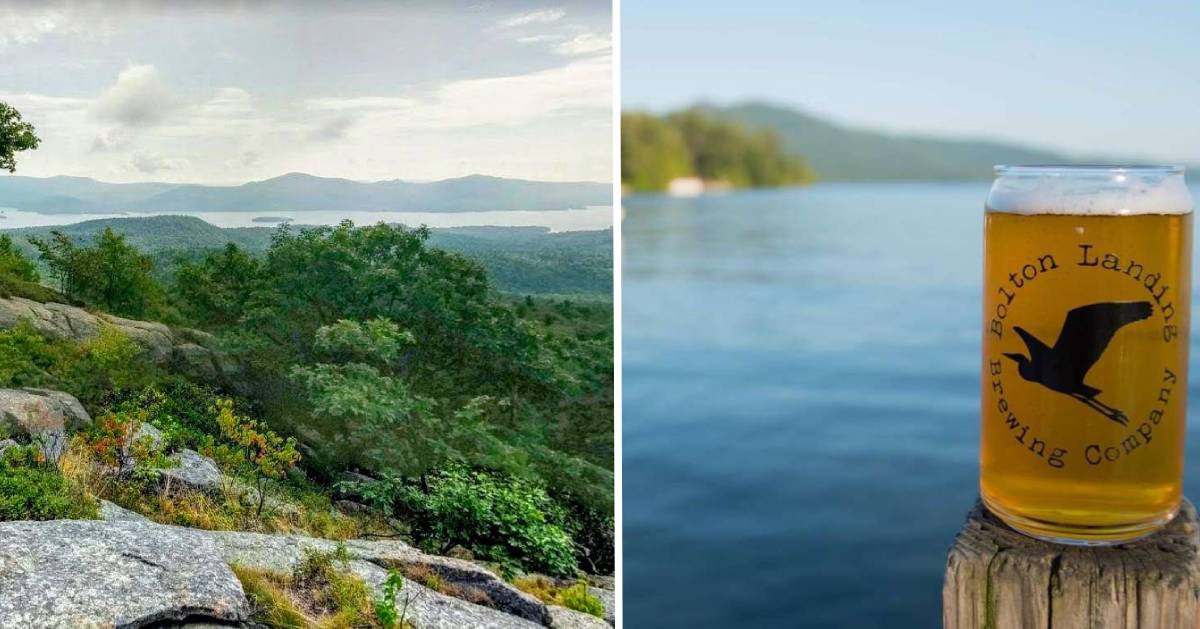 split image with mountain view on left and beer on right