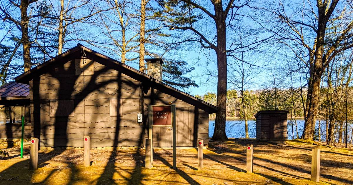 a cabin by trees and water