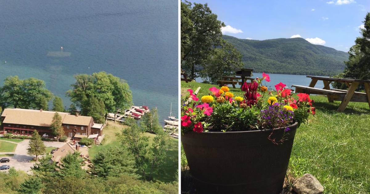 split image with aerial view of lakeside resort on the left and potted flowers and picnic tables by the lake on the right