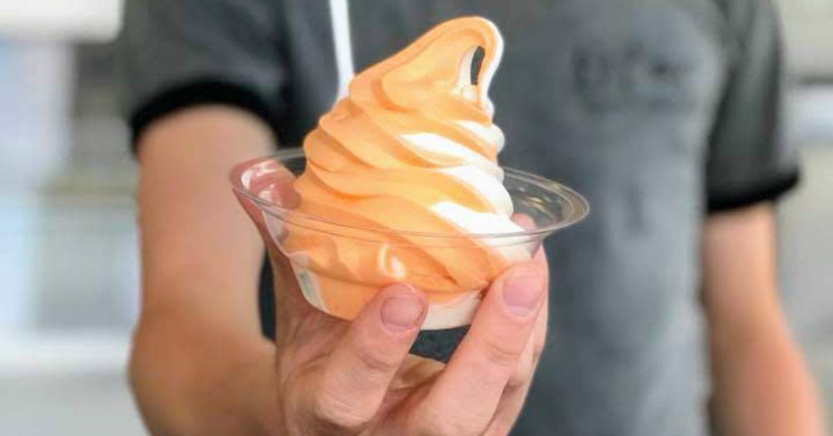 hand holding out cup with soft serve orange and white ice cream