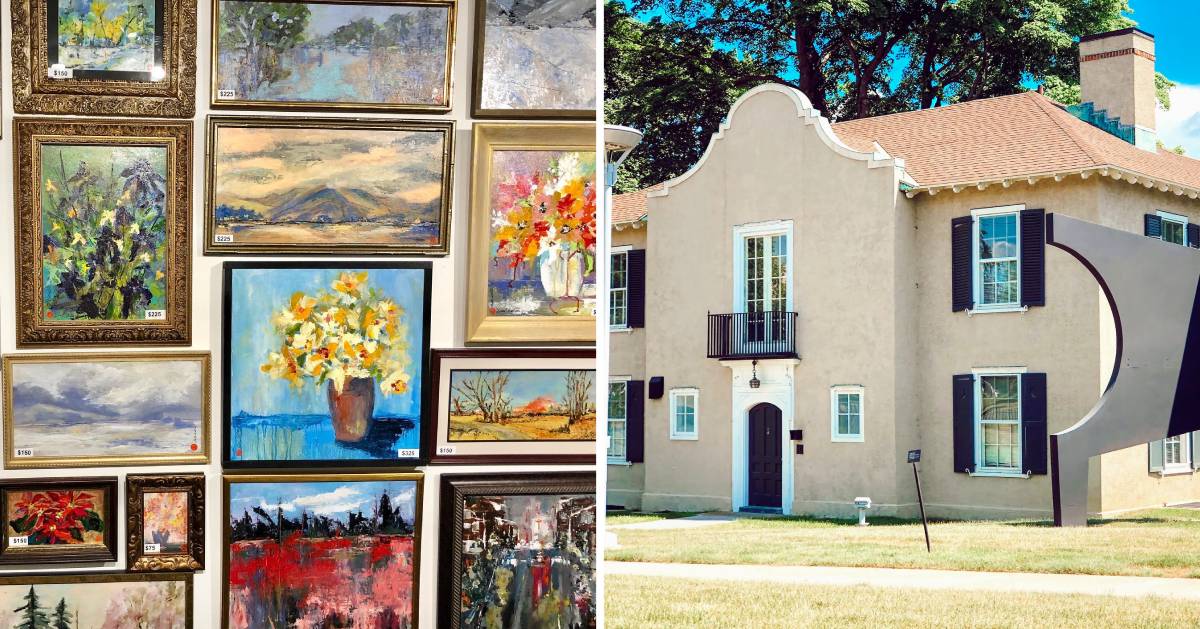 split image with paintings on the left and the outside of a museum on the right