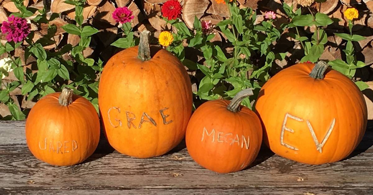 four pumpkins in a row with names carved in them