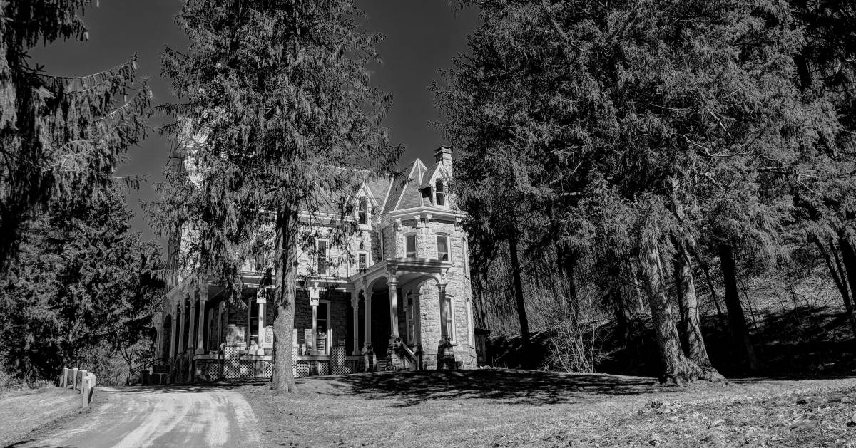 black and white image of a manor