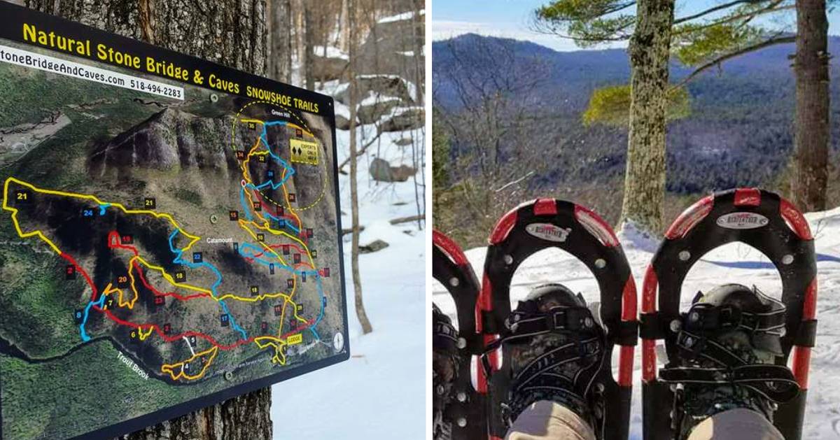 split image with map of snowshoe trails on the left and a pair of snowshoes on the right