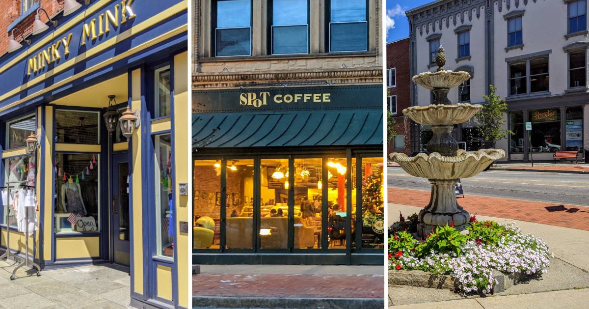 image split in three of Minky Mink, SPoT Coffee, and a fountain on the street