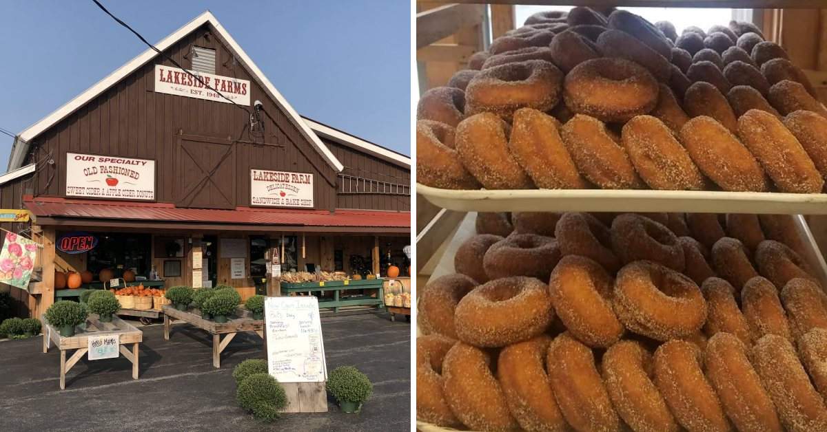 left image of a farm store, right image of cider donuts