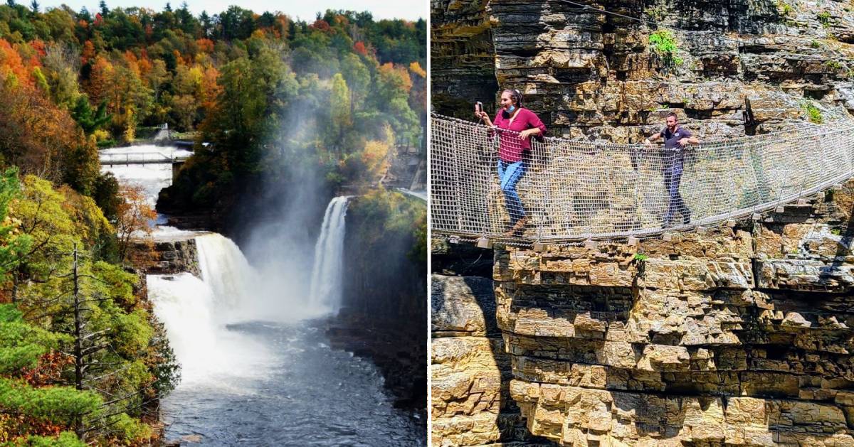 split image of fall foliage on the left and riverwalk on the right