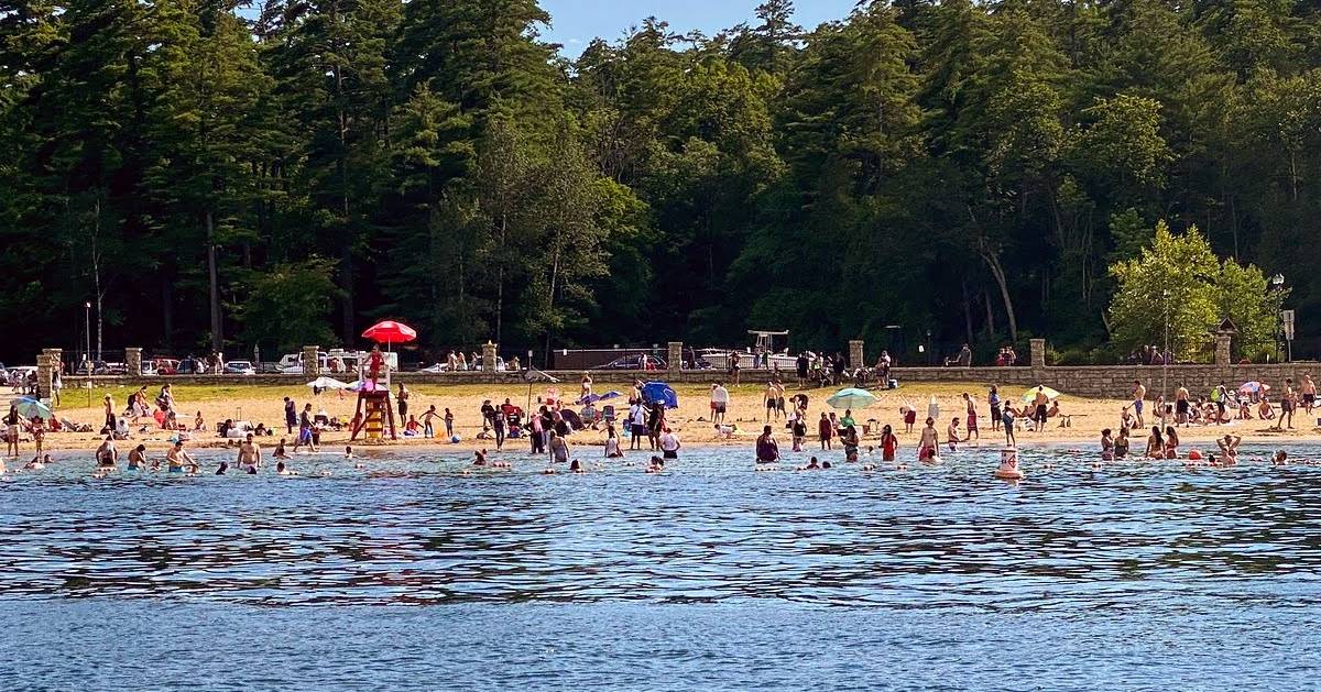 view of people swimming and on beach from the water