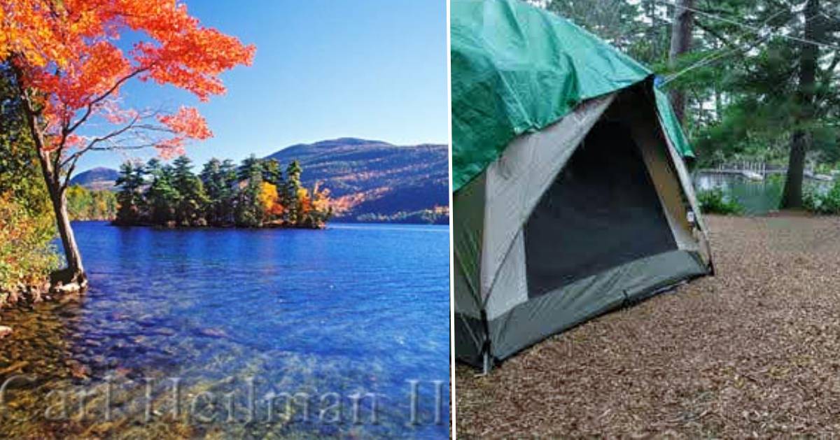 split image with fall foliage on the left and a camping tent on the right