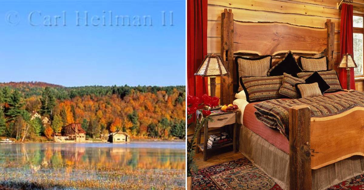 fall foliage on the left, bedroom on the right