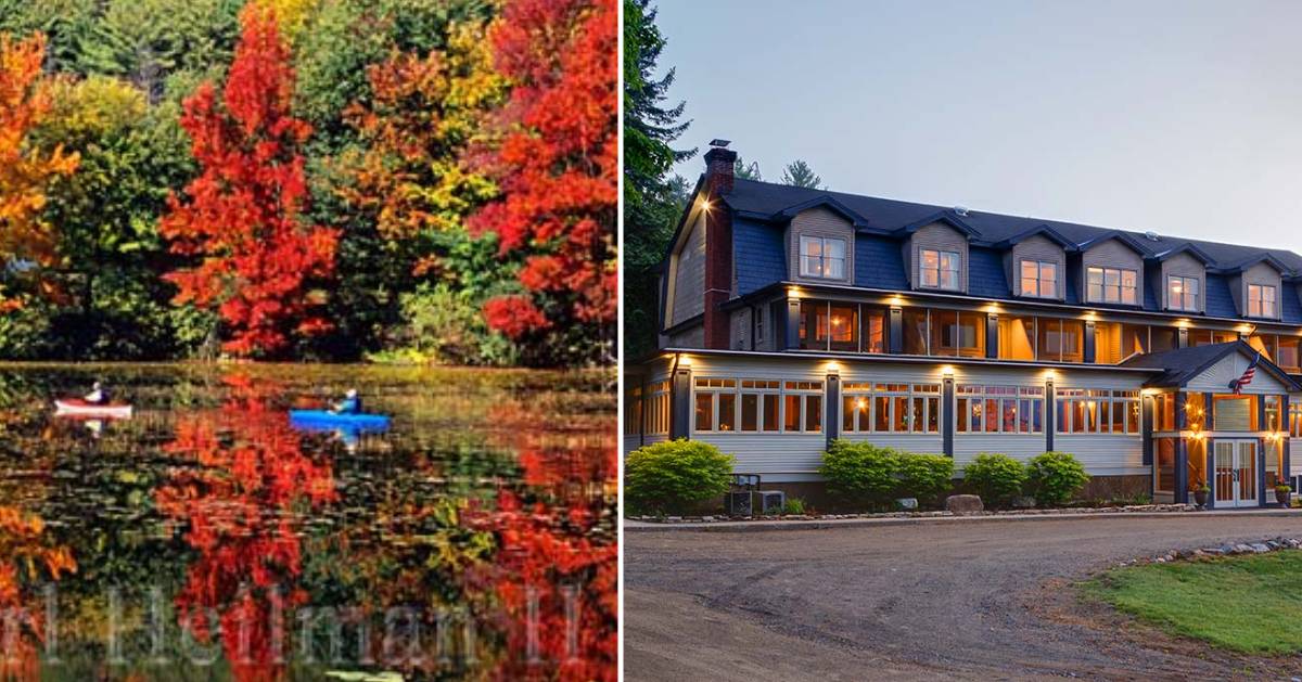fall foliage on left, inn on the right