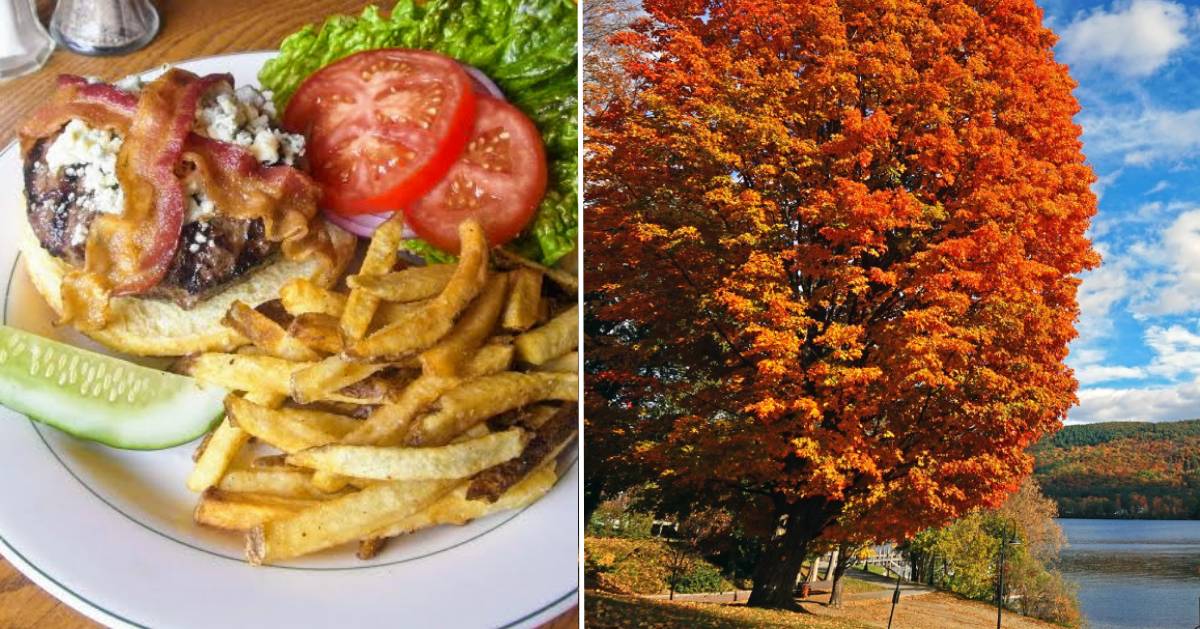 split image with burger on the left and foliage on the right