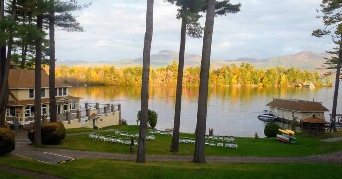 view of foliage from across lake, by lodge