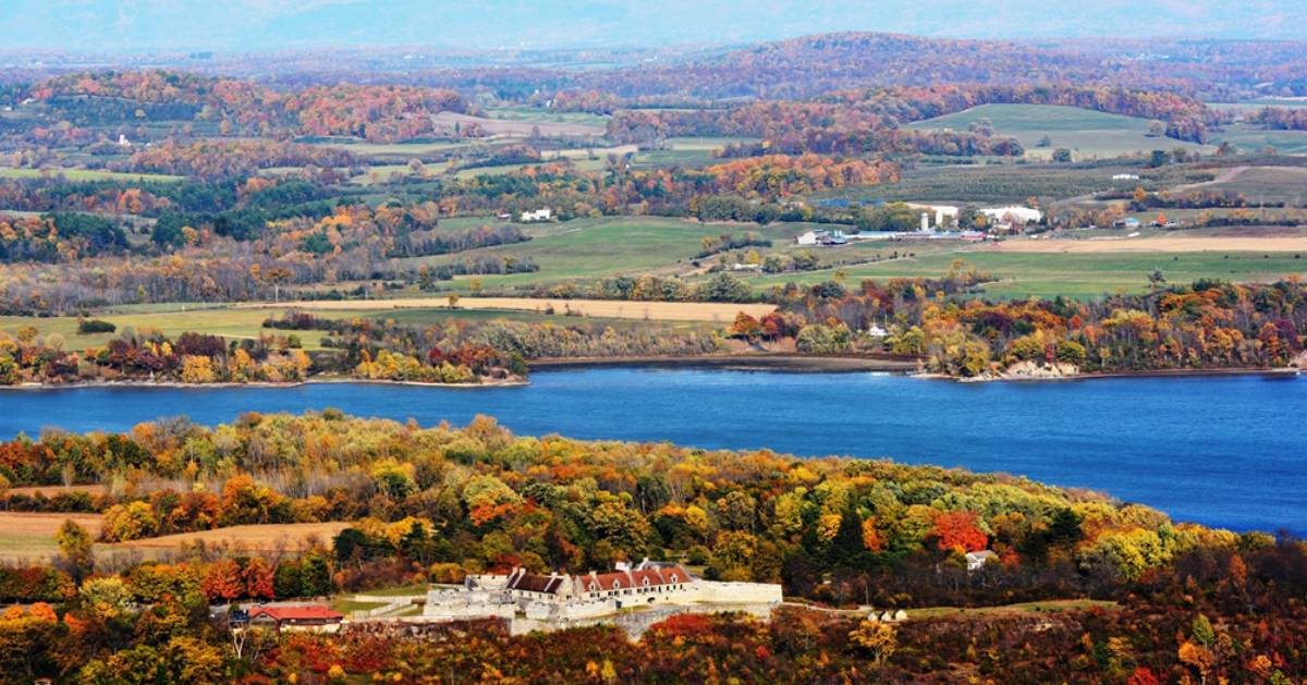 Fort Ticonderoga and mountain view in the fall, aerial view