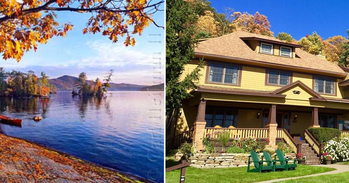 split image with foliage on left, lodging on right