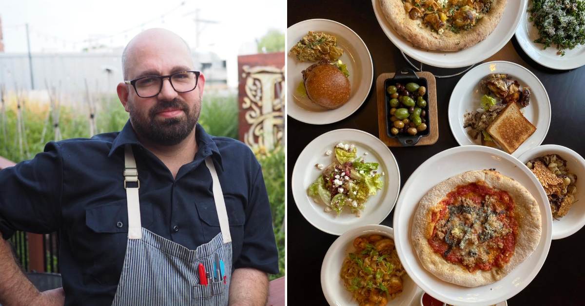 left image of man with glasses and apron and right image of plates of food