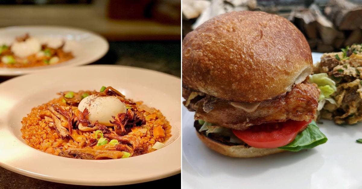 left image of food in white plates and right image of chicken sandwich