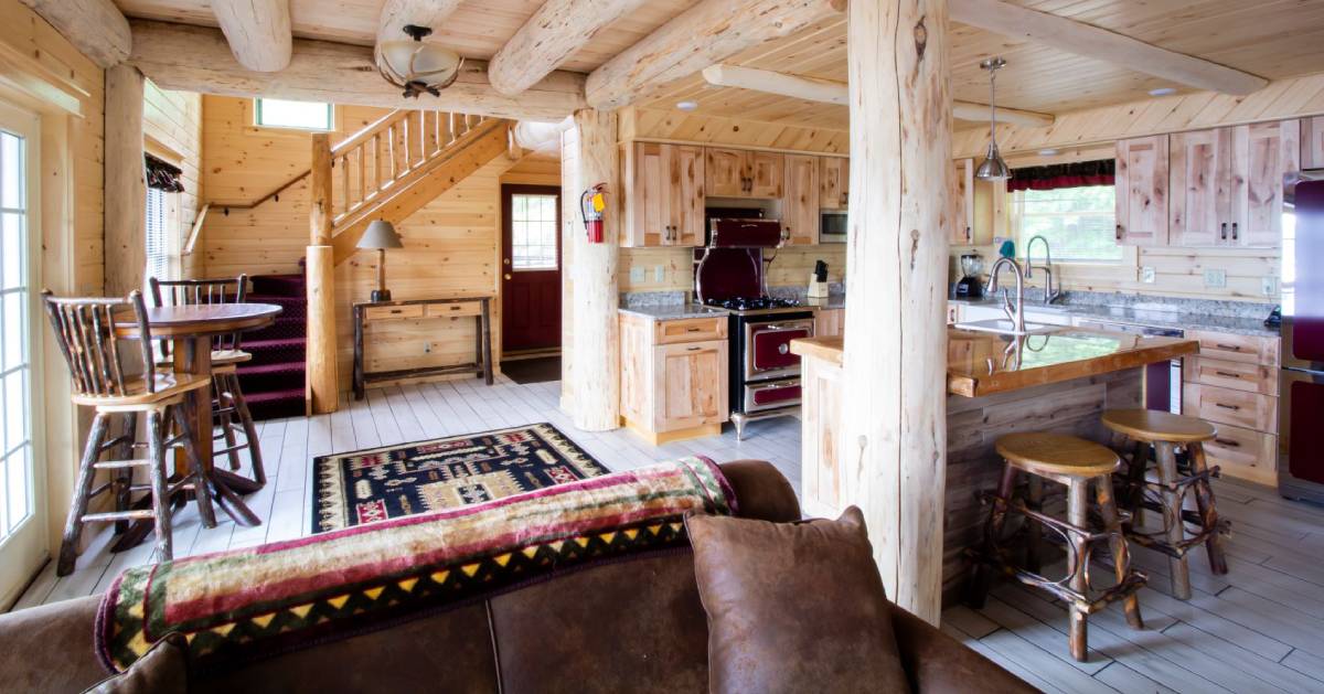 inside wooden cabin, nice furnishings
