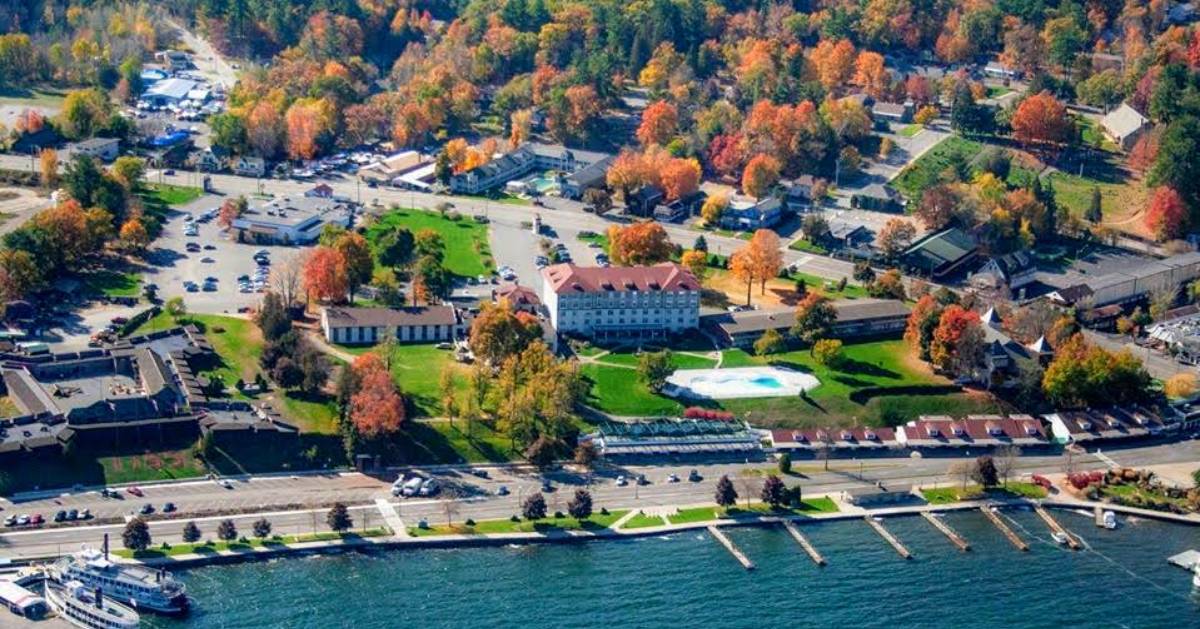 aerial view of Lake George in the fall