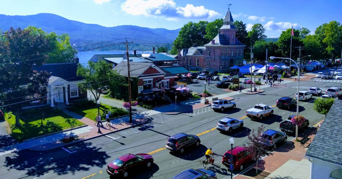 cars driving down Lake George street, semi-aerial view