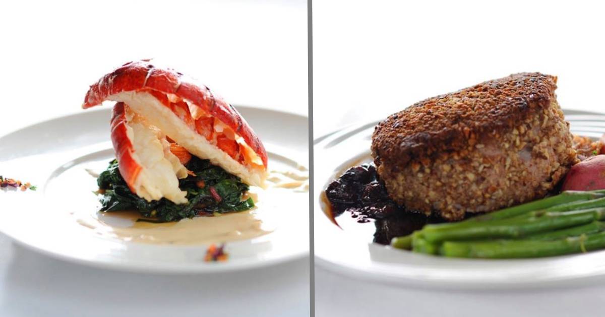 split image with two elegantly plated meals of lobster and steak