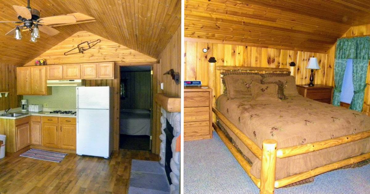 split image with kitchen and bedroom in cabin