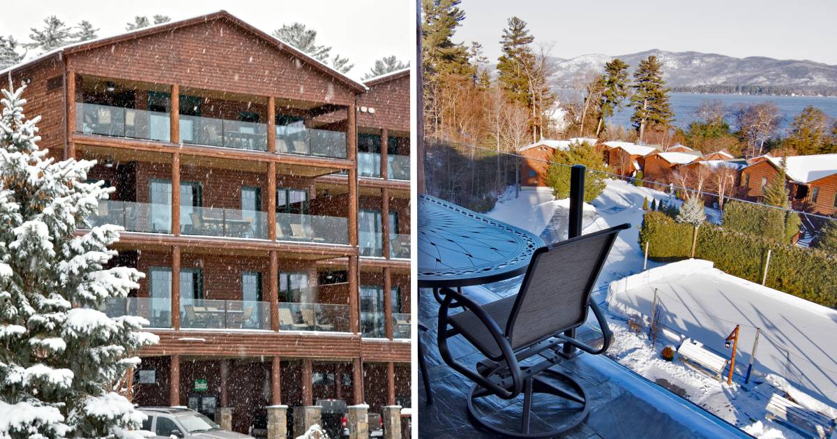 split image with lodge outdoors in winter and view from balcony