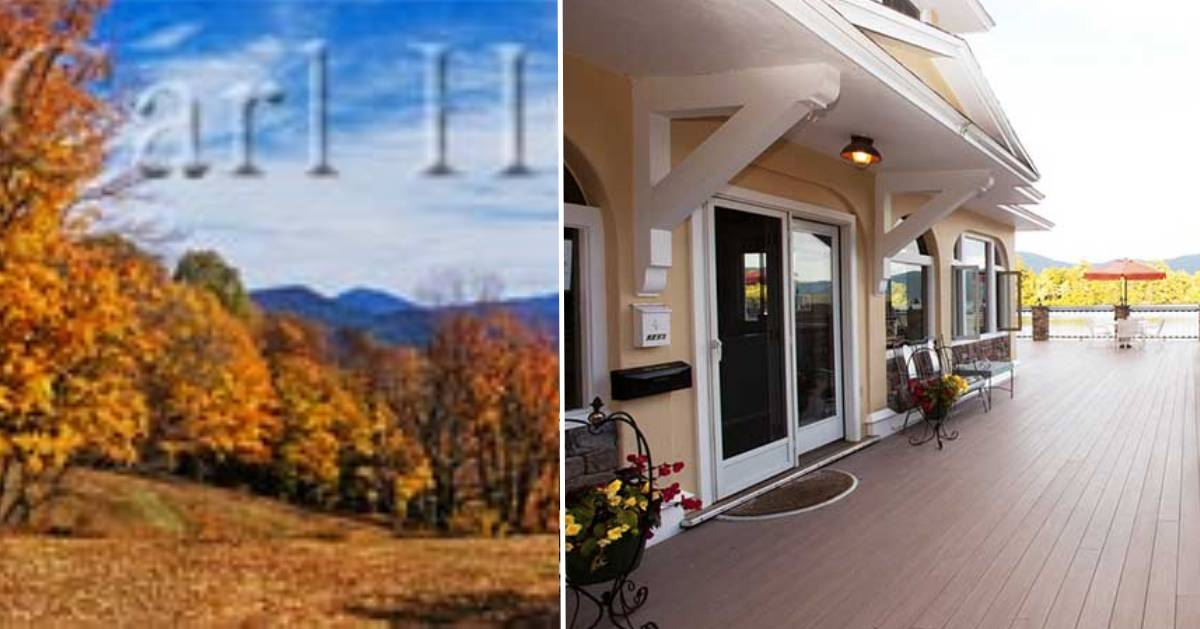 split image with fall foliage on the left and lodging on the right