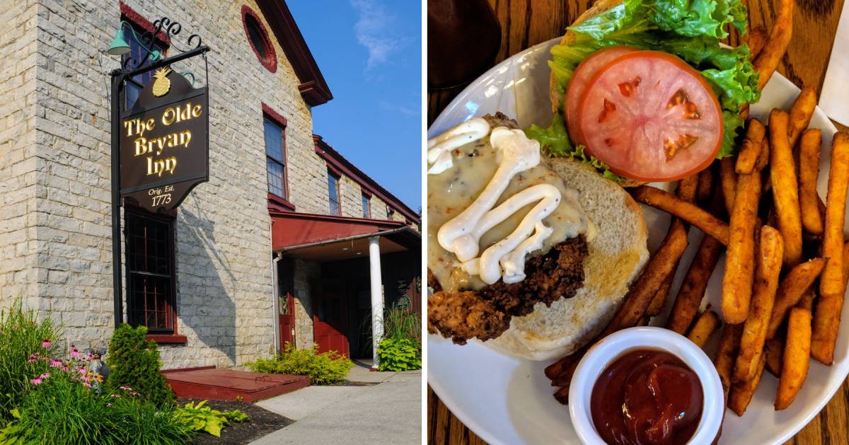 split image with outside of restaurant and plated meal