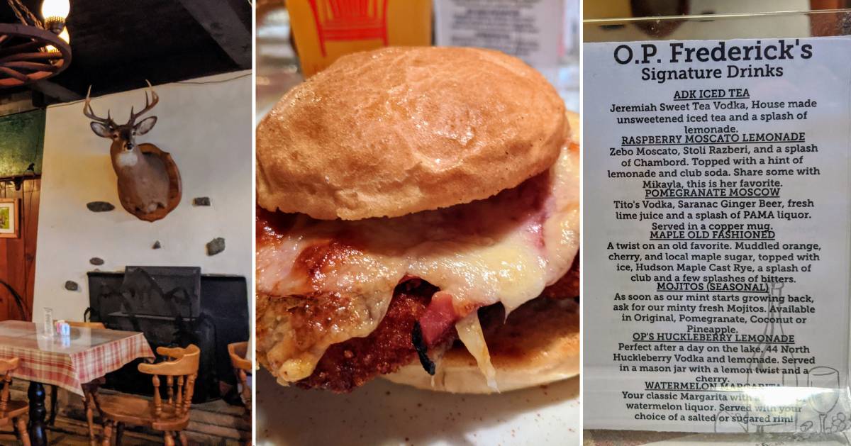 image split into three photos, one part of restaurant with deer head on wall, two a chicken parm burger, three a drinks menu