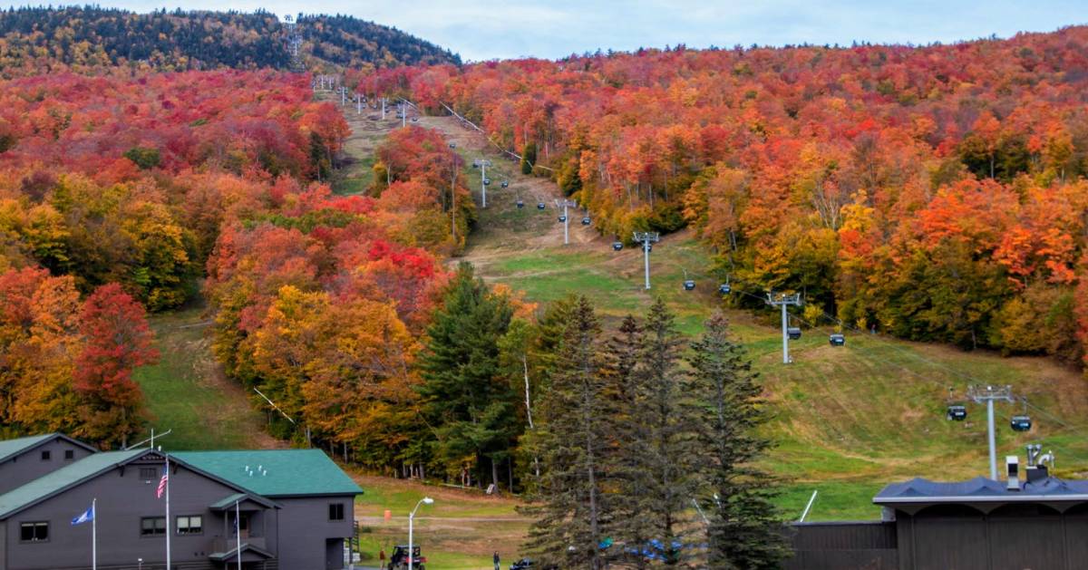 a Gore gondola with fall foliage surrounding it