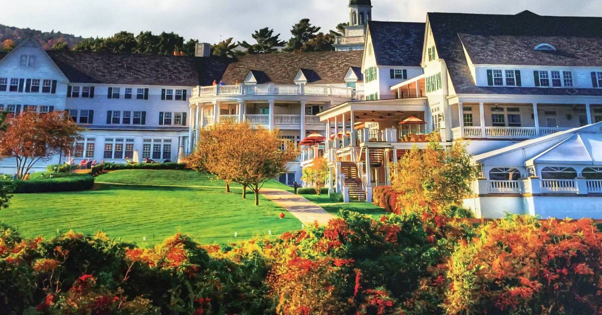 Sagamore Resort with fall foliage in the foreground