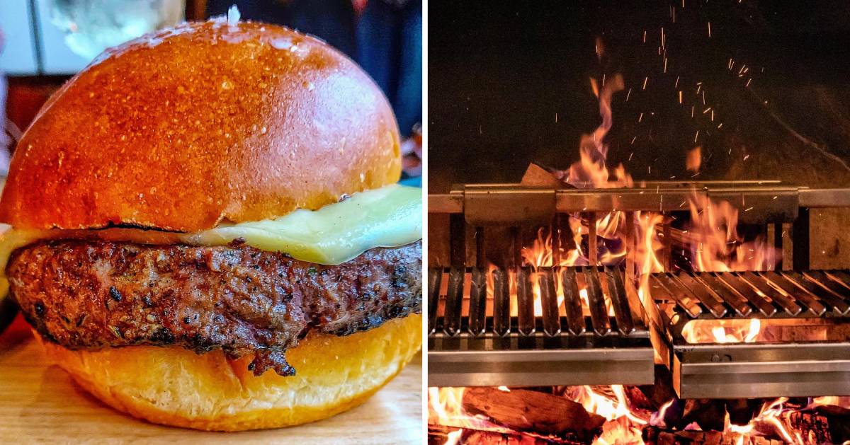 split image with burger on left and grill on the right