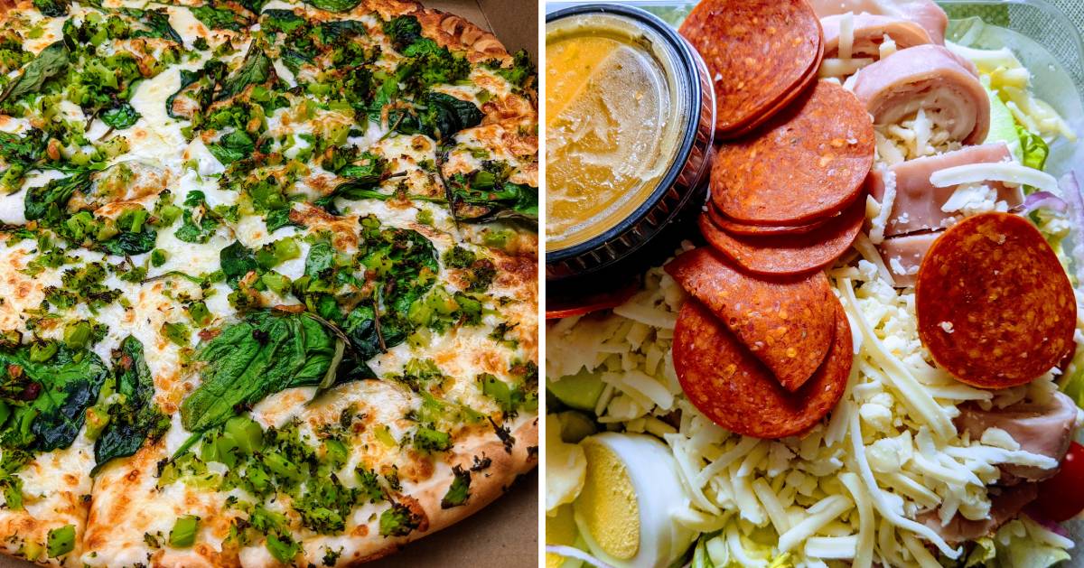 split image with spinach and broccoli pizza on the left and a salad with meat on the right