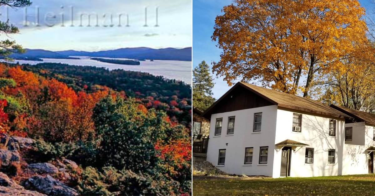 split image with fall foliage on the left and lodging on the right