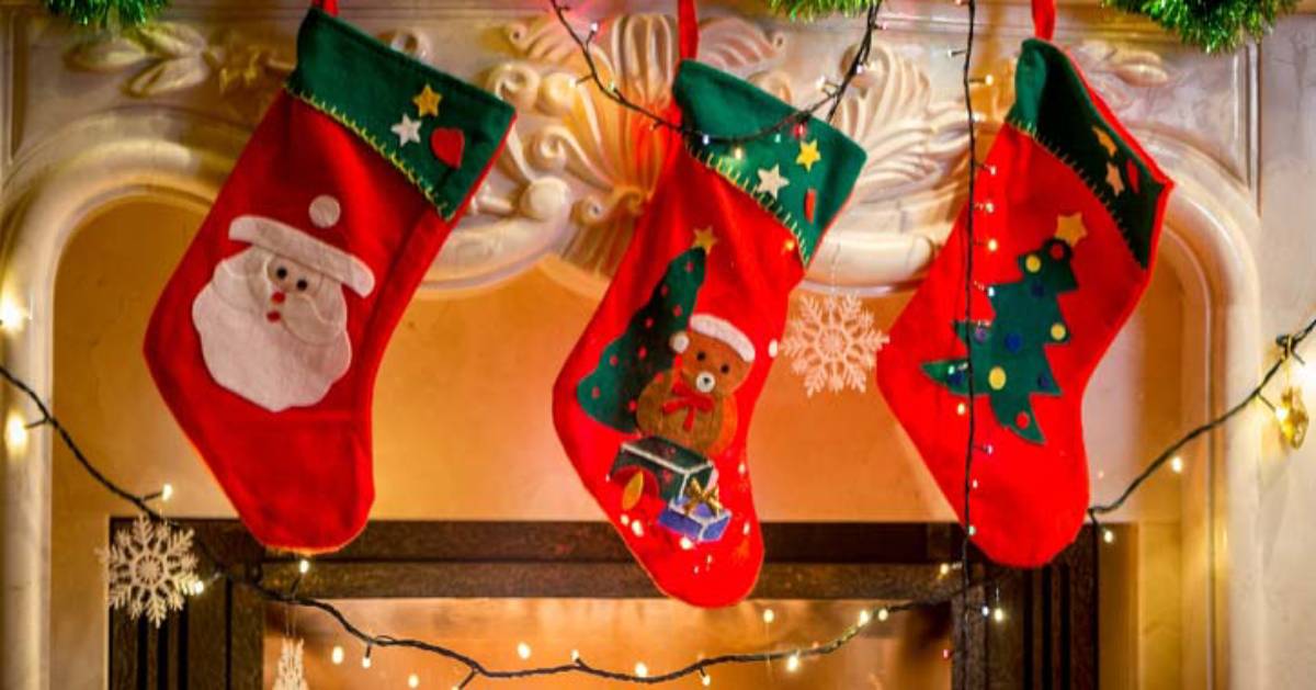 three red holiday stockings