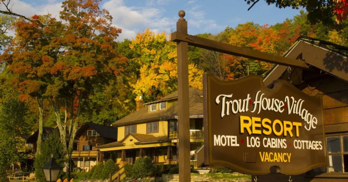 sign for Trout House in the fall