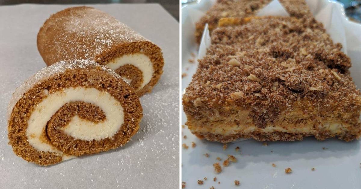 pumpkin roll and brownies in two photos