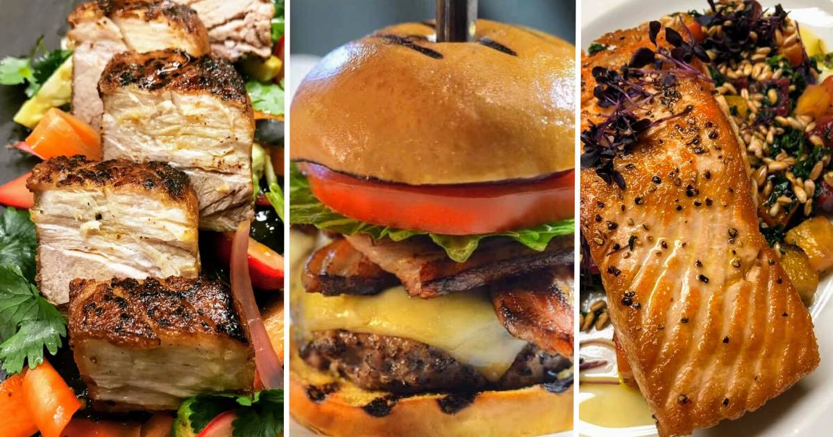 collage of three photos of pork, a burger, and salmon