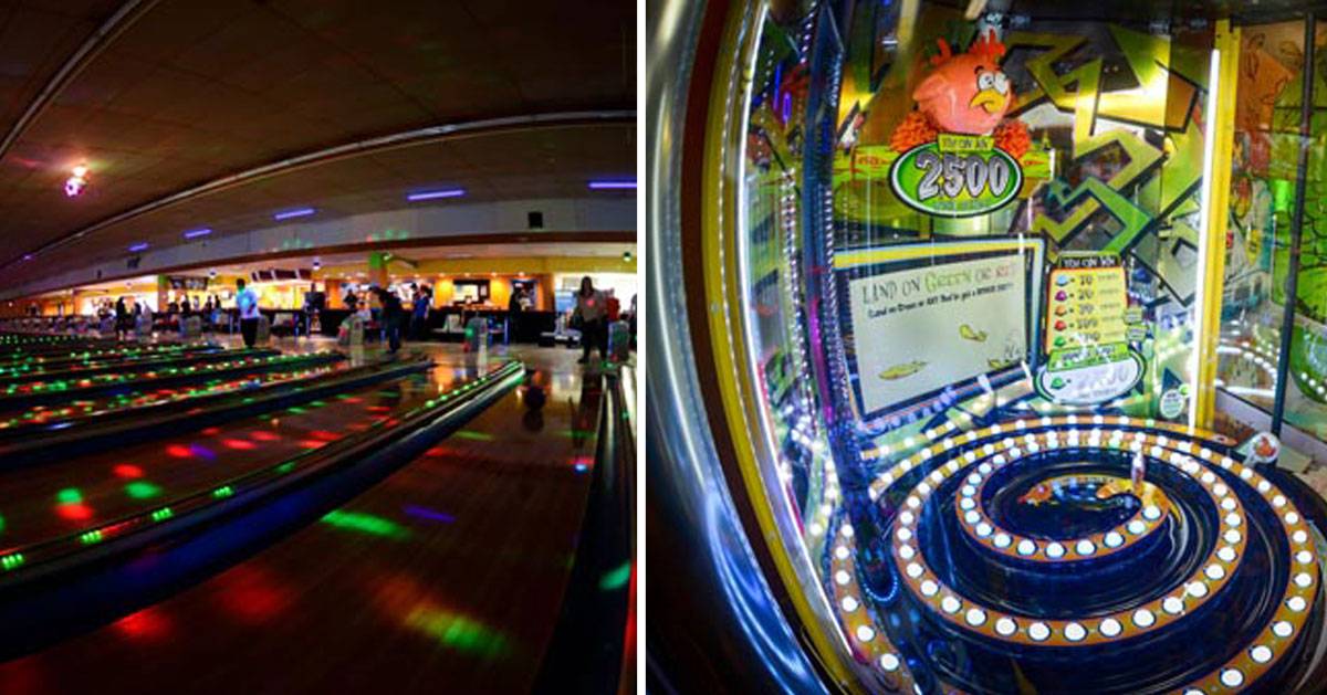  split image with bowling alley on the left and an arcade game on the right