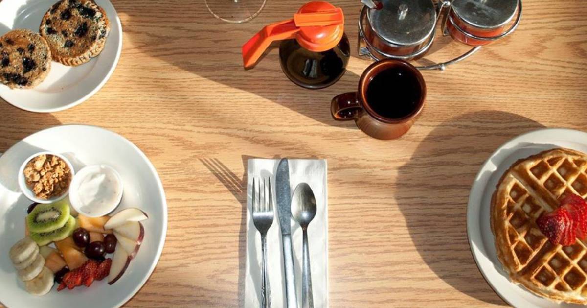 breakfast food display on a wooden table