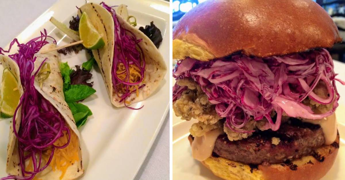 split image with some kind of tacos on the left and a burger with red cabbage slaw on the right