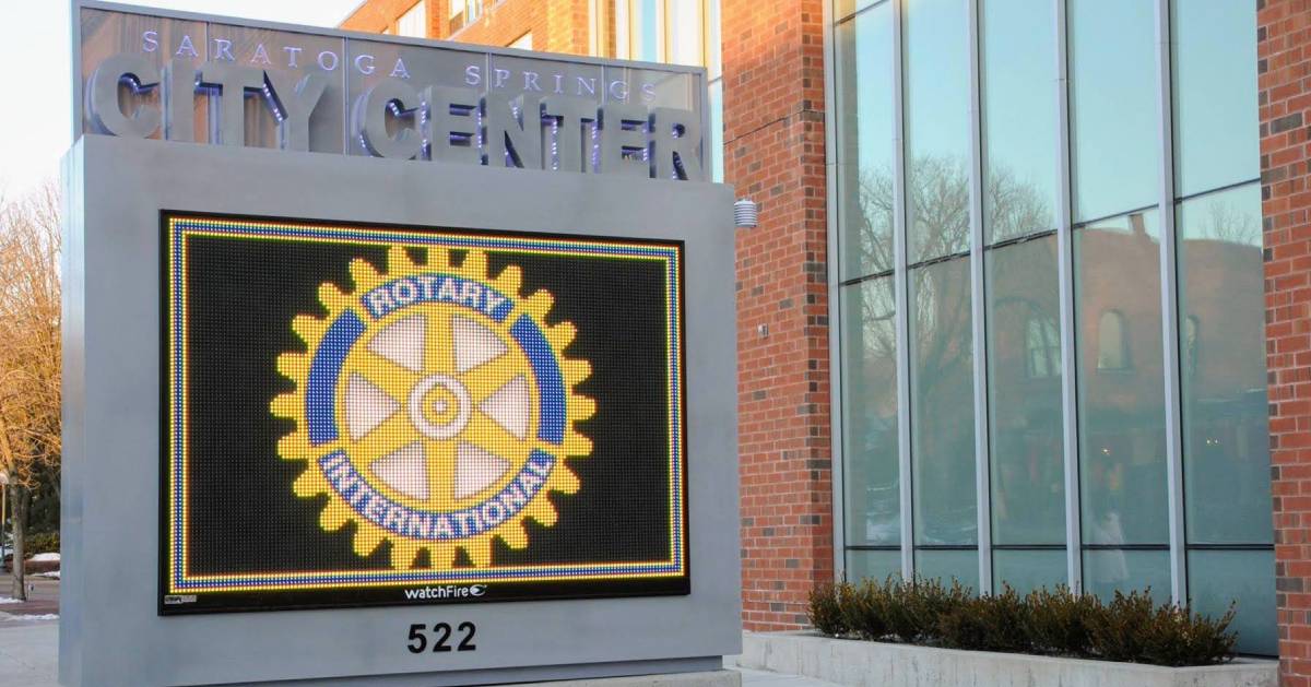 Saratoga City Center sign with Rotary logo