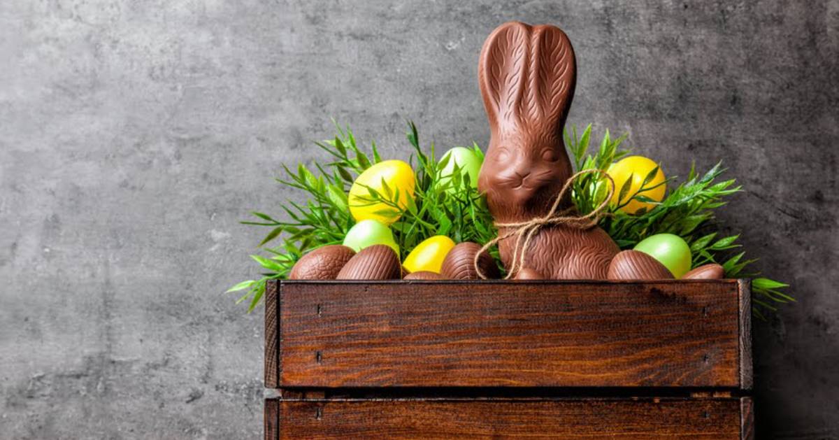 chocolate Easter bunny with eggs in crate