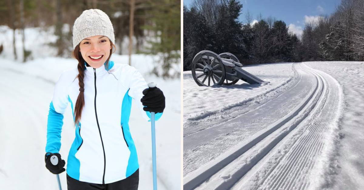 left image of female cross country skier and right image of cannon near groomed ski trails