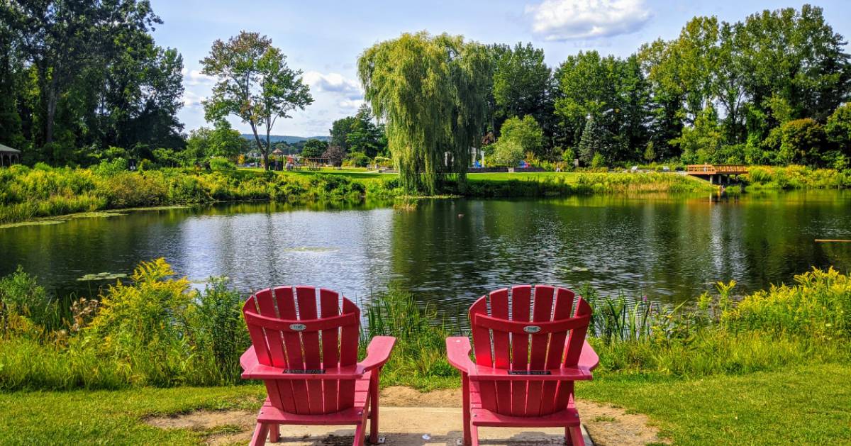 Adirondack chairs in front of a pond
