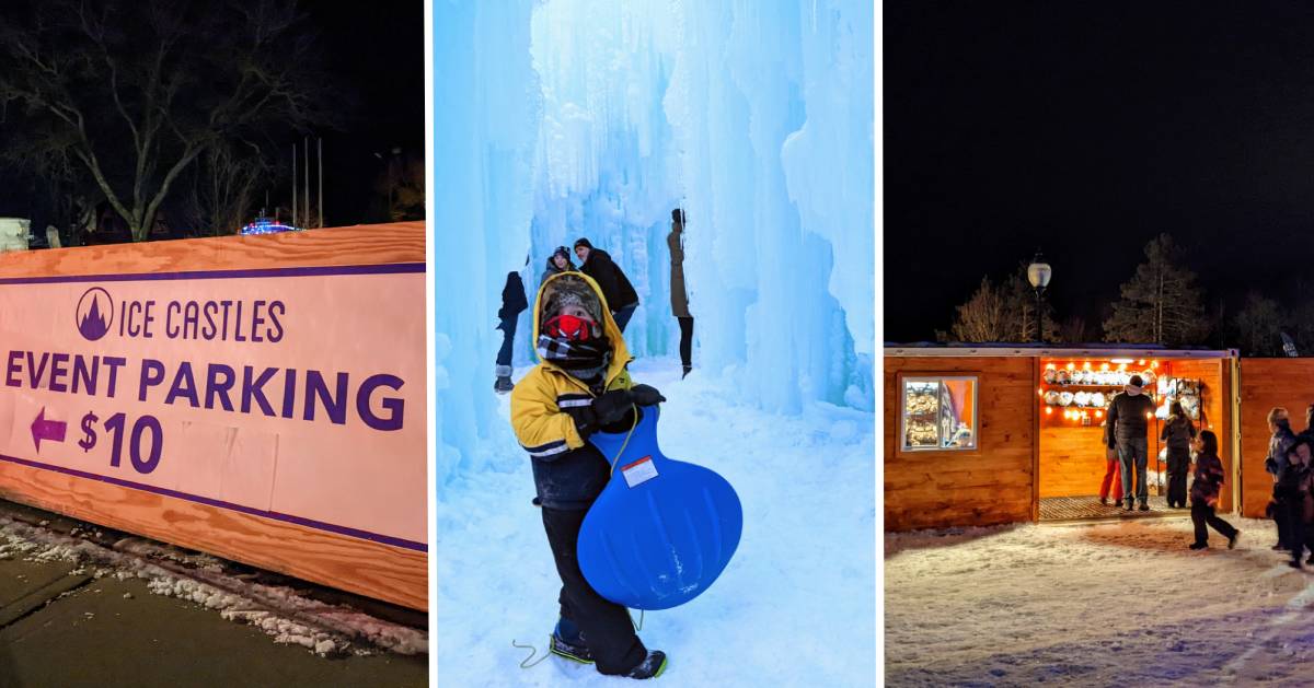 trio of Ice Castles photos, including a parking sign