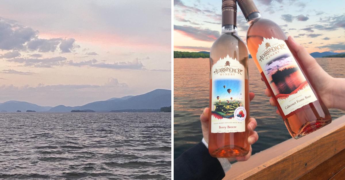 left photo of lake during sunset, right photo of person holding two bottles of wine