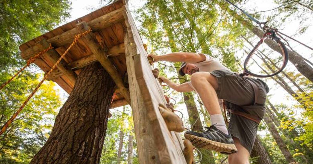 man climbing wooden ladder in a treetop course