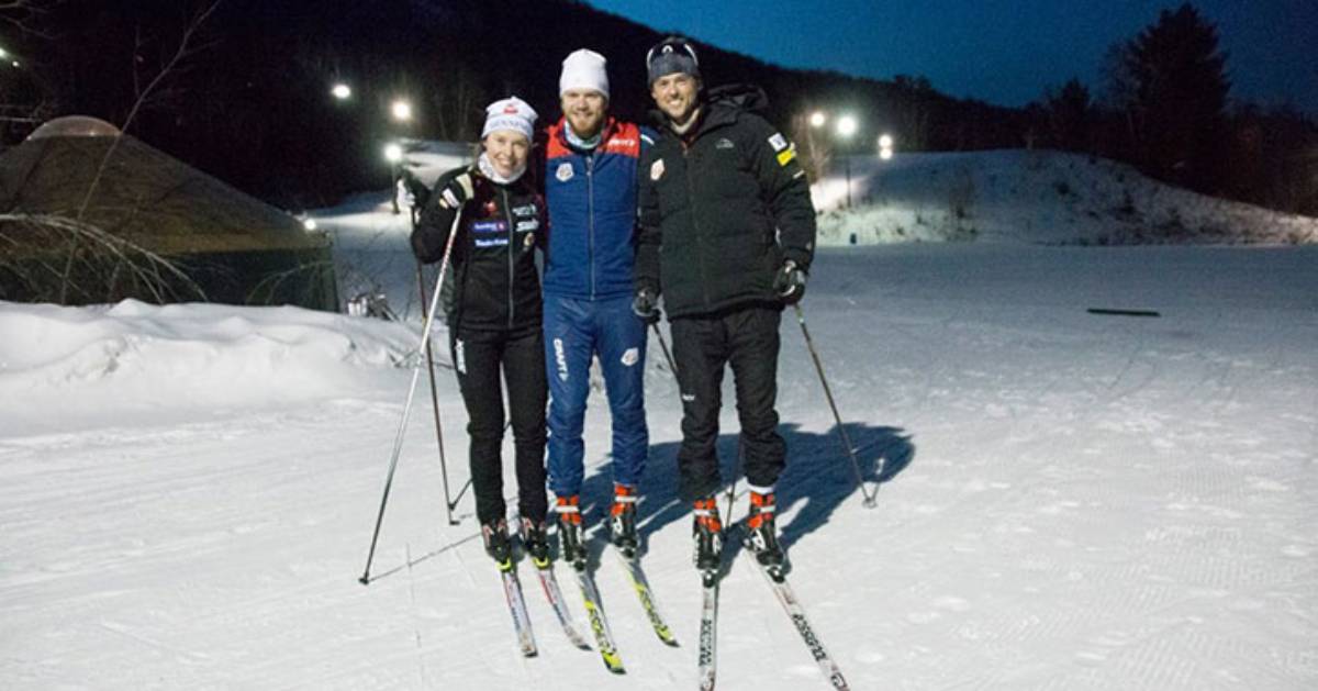 skiers at night